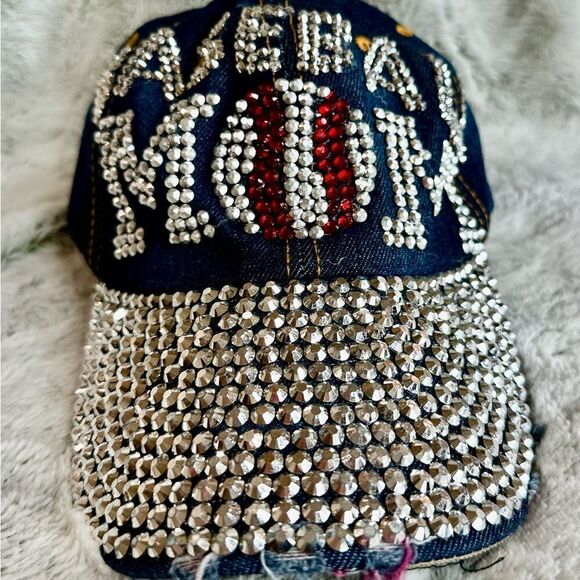 NEW Denim Cap “Baseball Mom” Adjustable Hat Bling Blinged Out w/Distressed Visor - Picture 4 of 5